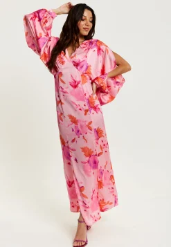 Women's Maxi Dress in Pink with Sleeve Slits and Floral Print, Elegant Design by Liquorish