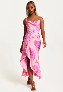 Women's Maxi Dress in Pink with Cowl Neck, Floral Print, Lace Detail, Front Slit, and Regular Fit by Liquorish