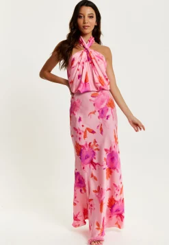 Women's Maxi Dress in Pink with Halter Neck and Open Back Detail - Liquorish