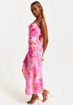 Women's Maxi Dress in Pink with Cowl Neck, Floral Print, Lace Detail, Front Slit, and Regular Fit by Liquorish