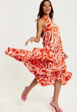 Women's Maxi Dress in Pink and Red Abstract Print, Sleeveless Halter Neck Smock Style, Effortless Elegance by Liquorish
