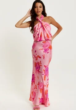 Women's Maxi Dress in Pink with Halter Neck and Open Back Detail - Liquorish