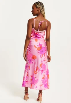 Women's Maxi Dress in Pink with Cowl Neck, Floral Print, Lace Detail, Front Slit, and Regular Fit by Liquorish