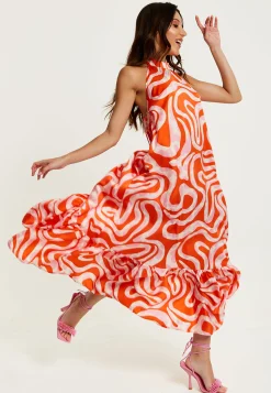 Women's Maxi Dress in Pink and Red Abstract Print, Sleeveless Halter Neck Smock Style, Effortless Elegance by Liquorish