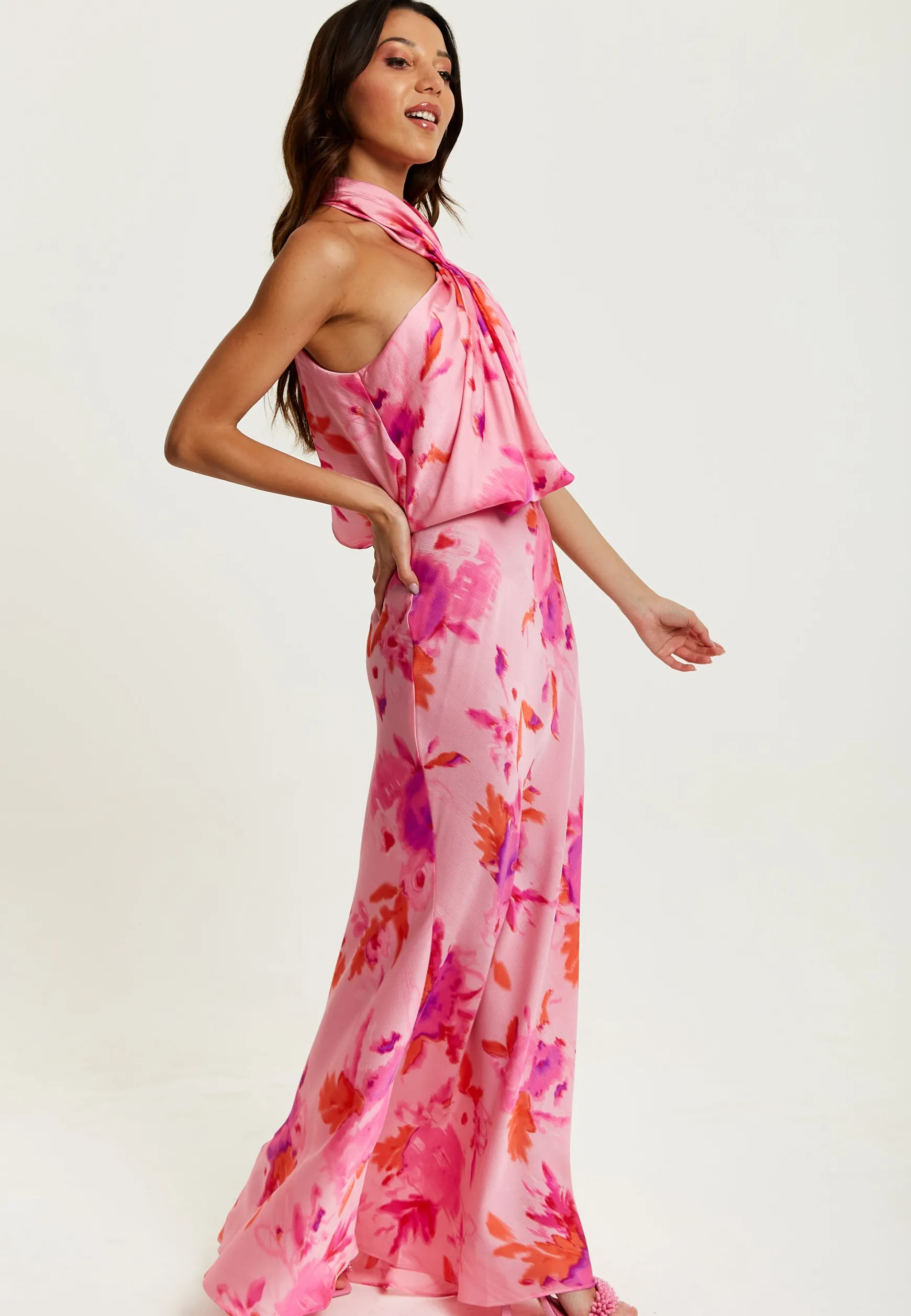 Women's Maxi Dress in Pink with Halter Neck and Open Back Detail - Liquorish