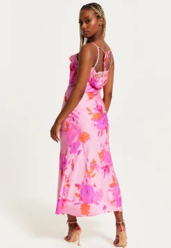 Women's Maxi Dress in Pink with Cowl Neck, Floral Print, Lace Detail, Front Slit, and Regular Fit by Liquorish