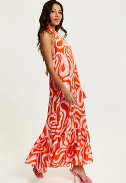 Women's Maxi Dress in Pink and Red Abstract Print, Sleeveless Halter Neck Smock Style, Effortless Elegance by Liquorish