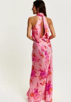Women's Maxi Dress in Pink with Halter Neck and Open Back Detail - Liquorish