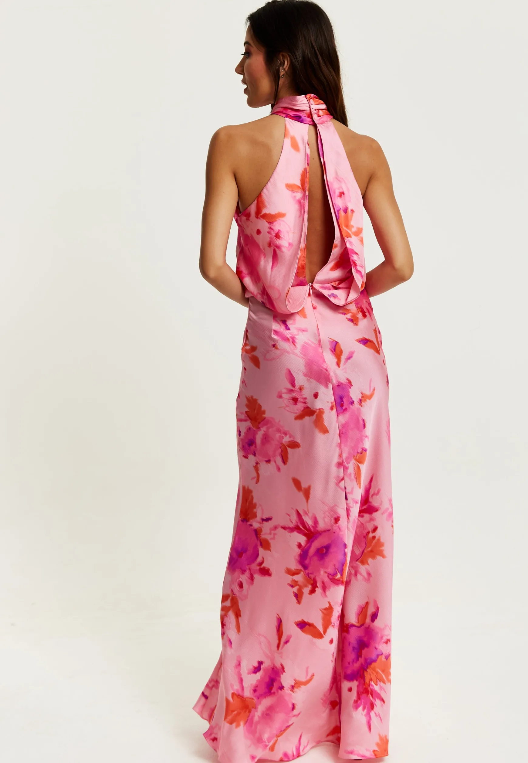 Women's Maxi Dress in Pink with Halter Neck and Open Back Detail - Liquorish