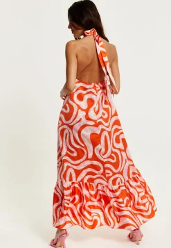 Women's Maxi Dress in Pink and Red Abstract Print, Sleeveless Halter Neck Smock Style, Effortless Elegance by Liquorish
