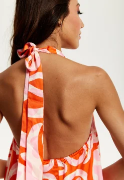 Women's Maxi Dress in Pink and Red Abstract Print, Sleeveless Halter Neck Smock Style, Effortless Elegance by Liquorish