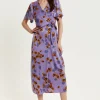 Women's Maxi Dress in Purple Floral with V Neck, Short Sleeves, Wrap Style, Midi Length - Liquorish