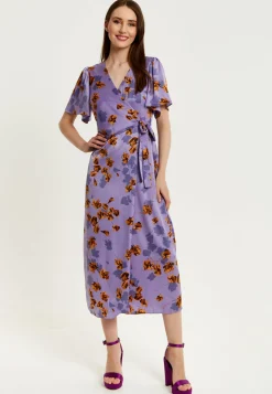 Women's Maxi Dress in Purple Floral with V Neck, Short Sleeves, Wrap Style, Midi Length - Liquorish