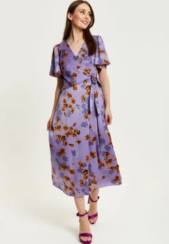 Women's Maxi Dress in Purple Floral with V Neck, Short Sleeves, Wrap Style, Midi Length - Liquorish