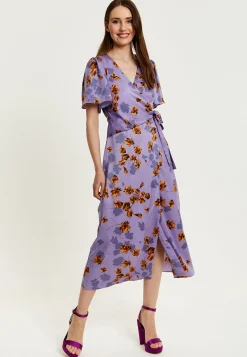 Women's Maxi Dress in Purple Floral with V Neck, Short Sleeves, Wrap Style, Midi Length - Liquorish
