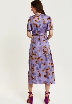 Women's Maxi Dress in Purple Floral with V Neck, Short Sleeves, Wrap Style, Midi Length - Liquorish