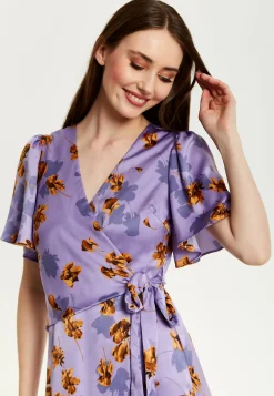 Women's Maxi Dress in Purple Floral with V Neck, Short Sleeves, Wrap Style, Midi Length - Liquorish