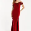 Women's Maxi Dress in Red with Off-Shoulder Design, Thigh-High Slit & Sequin Detail - Liquorish