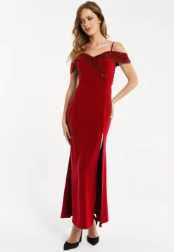 Women's Maxi Dress in Red with Off-Shoulder Design, Thigh-High Slit & Sequin Detail - Liquorish