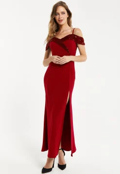 Women's Maxi Dress in Red with Off-Shoulder Design, Thigh-High Slit & Sequin Detail - Liquorish