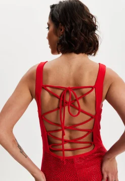 Women’s Maxi Dress in Red with Sleeveless Design and Open Back Detail, Perfectly Dazzling - Liquorish