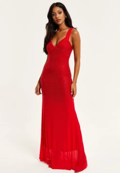 Women’s Maxi Dress in Red with Sleeveless Design and Open Back Detail, Perfectly Dazzling - Liquorish
