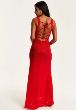 Women’s Maxi Dress in Red with Sleeveless Design and Open Back Detail, Perfectly Dazzling - Liquorish