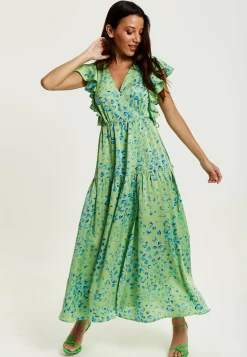 Women's Maxi Dress in Sage with V-Neck and Flouncy Sleeves - Liquorish