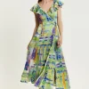 Women's Maxi Dress in Sage and Purple with Flouncy Sleeves and Abstract Print - Liquorish