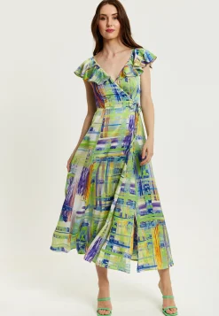 Women's Maxi Dress in Sage and Purple with Flouncy Sleeves and Abstract Print - Liquorish