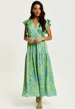 Women's Maxi Dress in Sage with V-Neck and Flouncy Sleeves - Liquorish