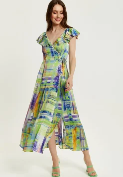 Women's Maxi Dress in Sage and Purple with Flouncy Sleeves and Abstract Print - Liquorish
