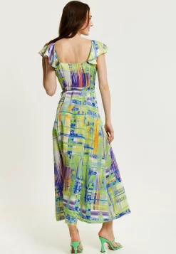 Women's Maxi Dress in Sage and Purple with Flouncy Sleeves and Abstract Print - Liquorish