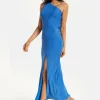 Women's Maxi Dress in Shimmering Blue Lurex with One Shoulder Design and Long Slit - Liquorish