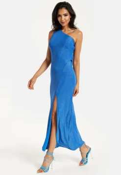 Women's Maxi Dress in Shimmering Blue Lurex with One Shoulder Design and Long Slit - Liquorish