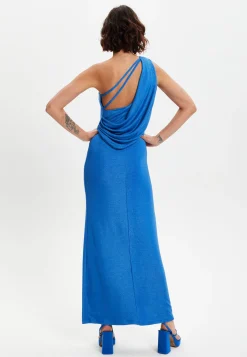 Women's Maxi Dress in Shimmering Blue Lurex with One Shoulder Design and Long Slit - Liquorish