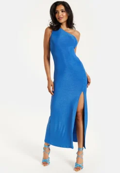 Women's Maxi Dress in Shimmering Blue Lurex with One Shoulder Design and Long Slit - Liquorish
