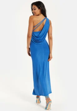 Women's Maxi Dress in Shimmering Blue Lurex with One Shoulder Design and Long Slit - Liquorish