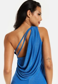 Women's Maxi Dress in Shimmering Blue Lurex with One Shoulder Design and Long Slit - Liquorish