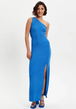 Women's Maxi Dress in Shimmering Blue Lurex with One Shoulder Design and Long Slit - Liquorish