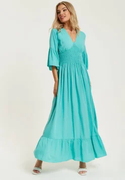 Women's Maxi Dress in Striking Green with Frill Short Sleeves and V-Neck Design - Liquorish