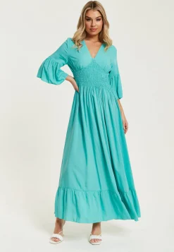 Women's Maxi Dress in Striking Green with Frill Short Sleeves and V-Neck Design - Liquorish