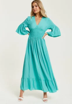 Women's Maxi Dress in Striking Green with Frill Short Sleeves and V-Neck Design - Liquorish
