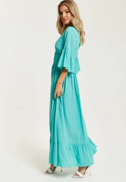 Women's Maxi Dress in Striking Green with Frill Short Sleeves and V-Neck Design - Liquorish