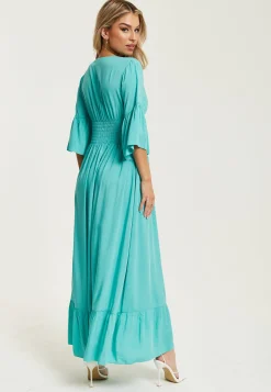 Women's Maxi Dress in Striking Green with Frill Short Sleeves and V-Neck Design - Liquorish