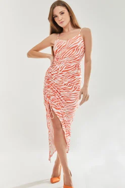 Women's Maxi Dress in Vibrant Orange and White Zebra Print with Front Slit and Tie Detail
