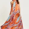 Women’s Maxi Dress in Vibrant Orange with High Neck and Sleeveless Design - Liquorish