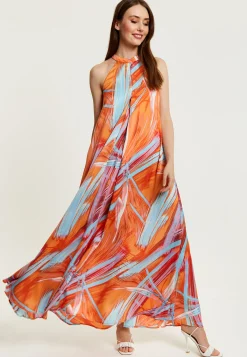 Women’s Maxi Dress in Vibrant Orange with High Neck and Sleeveless Design - Liquorish