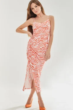 Women's Maxi Dress in Vibrant Orange and White Zebra Print with Front Slit and Tie Detail