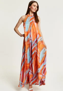 Women’s Maxi Dress in Vibrant Orange with High Neck and Sleeveless Design - Liquorish